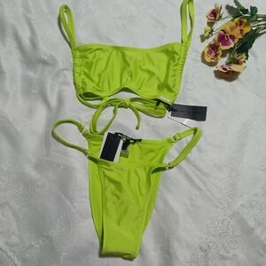 NWT Kendall & Kylie 2 Piece Swim Neon Hot Green Bandeau High Cut Bikini